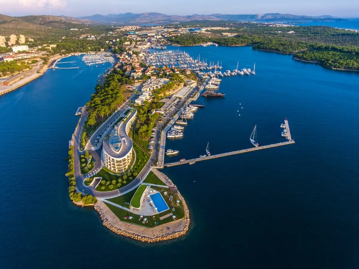 Aerial view of a marina on the Šibenik peninsula