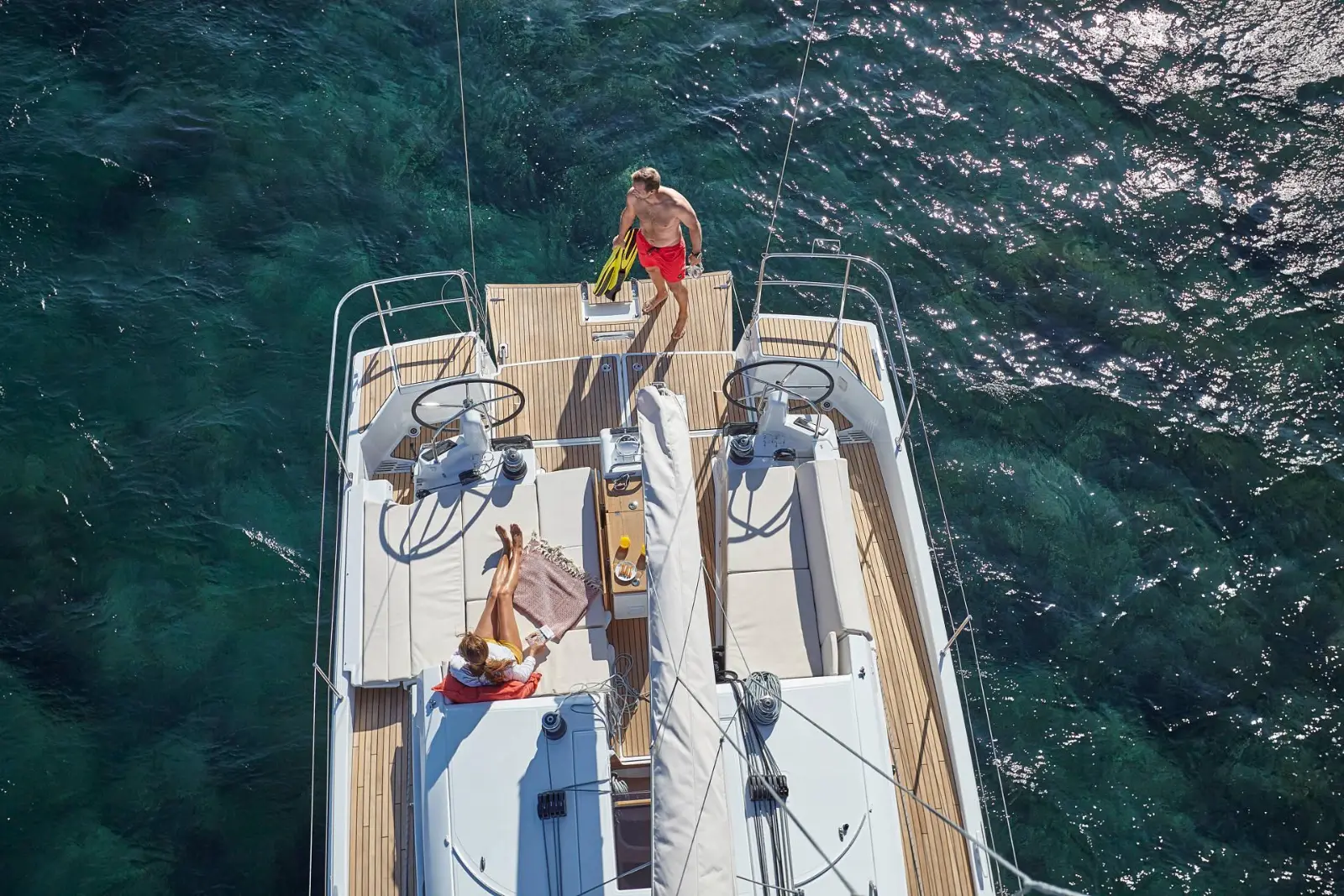 Looking down on a yacht cockpit at anchor